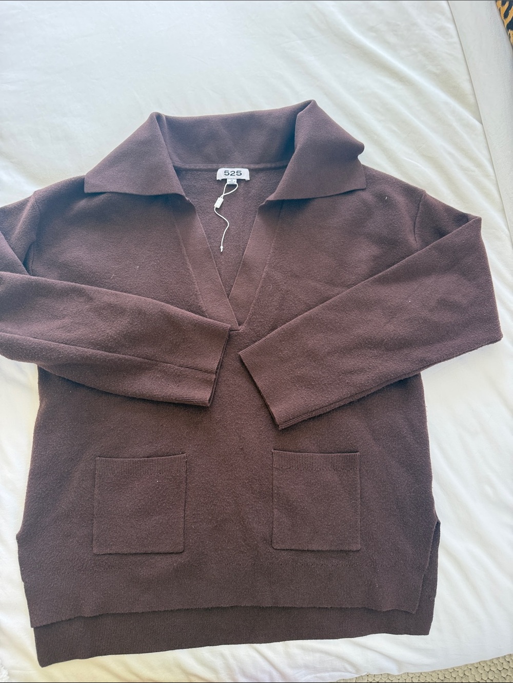 525 America Men's Dark Brown V-Neck Collared Knit Sweater